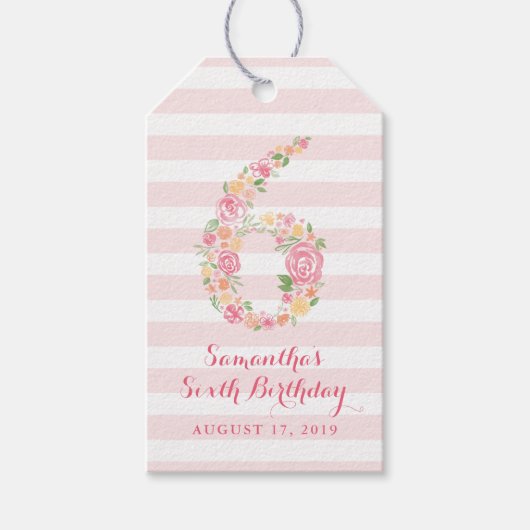 第6誕生日ピンクウォーターカラーフローラ6 ギフトタグ (正面)