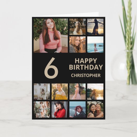 第6誕生日フォトコラージュ13写真ブラック&金ゴールド カード (正面)