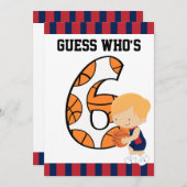 第6誕生日ブルーと赤バスケットボールプレーヤーv2 招待状 (正面/裏面)