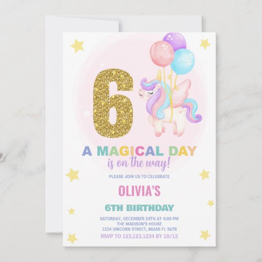 第6誕生日ユニコーン誕生日招待状 招待状 (正面)