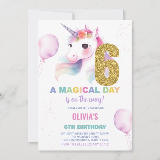 第6誕生日ユニコーン誕生日招待状 招待状 (正面)