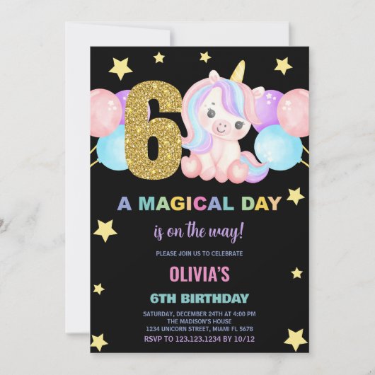 第6誕生日ユニコーン誕生日招待状 招待状 (正面)
