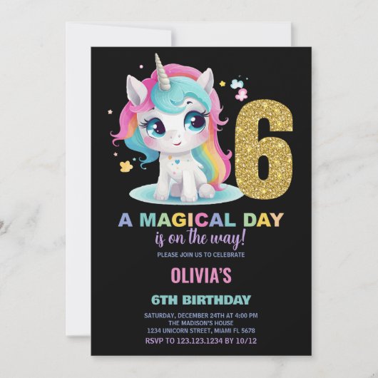 第6誕生日ユニコーン誕生日招待状 招待状 (正面)