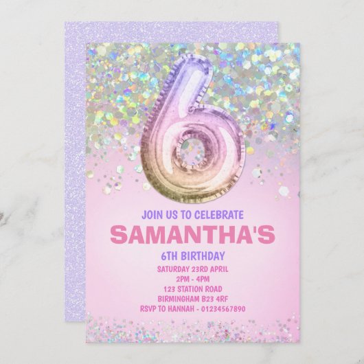 第6誕生日レインボーグリッター誕生日 招待状 (正面/裏面)