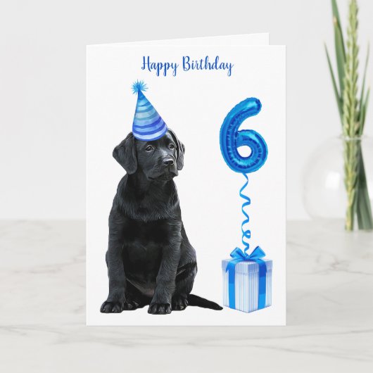第6誕生日子犬テーマ-かわいい犬の青いボーイポーティ カード (正面)