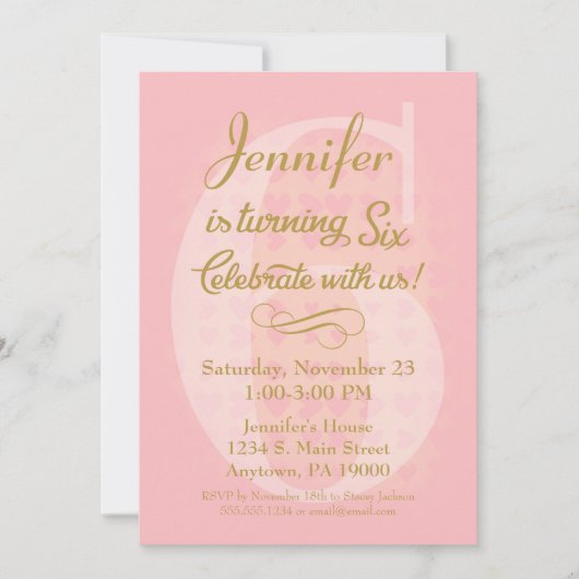 第6誕生日招待状ガールズピンク金ゴールドハート 招待状 (正面)