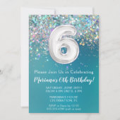 第6誕生日招待状ティール(緑がかった色)銀グリッター 招待状 (正面)