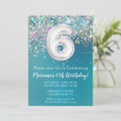第6誕生日招待状ティール(緑がかった色)銀グリッター 招待状 (スタンド正面)