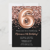 第6誕生日招待状ブラックバラ金ゴールドグリッター 招待状 (正面)