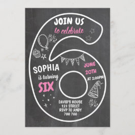 第6誕生日第6黒板ナンバーピンク 招待状