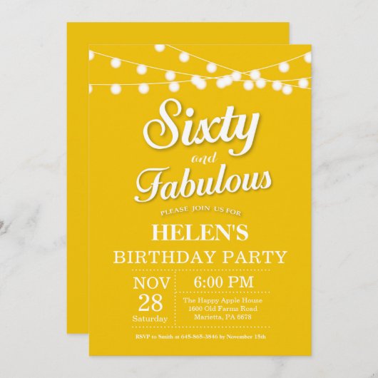 第60すばらしい誕生日の招待状の黄色 招待状 (正面/裏面)