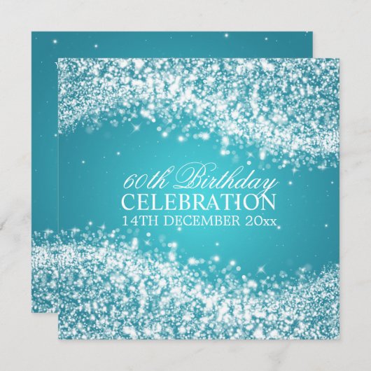 第60エレガント回誕生パーティー・ウェきらめくーブブルー 招待状 (正面/裏面)