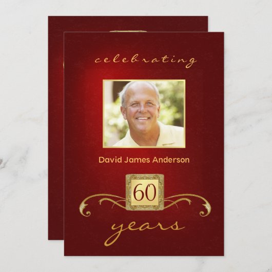第60バースデーパーティ招待状-赤金ゴールドモノグラム 招待状 (正面/裏面)