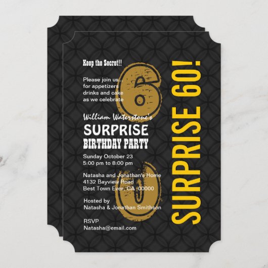 第60モダンな誕生日の黒の金ゴールドA01を驚かして下さい 招待状 (正面/裏面)