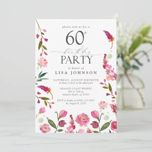 第60回エレガントピンク水彩フローラ誕生日 招待状 (スタンド正面)