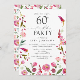 第60回エレガントピンク水彩フローラ誕生日 招待状