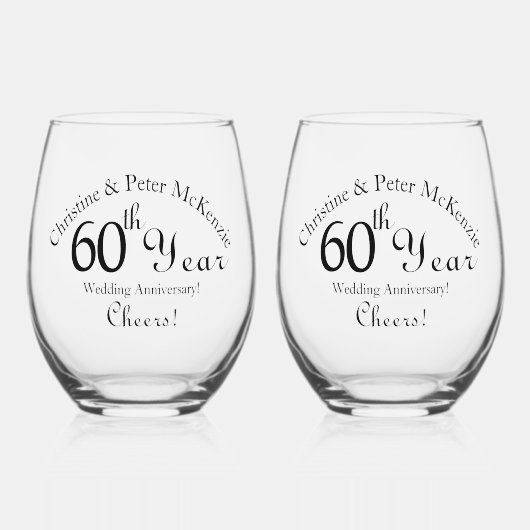 第60回ダイヤモンド結婚のアニバーサリーシグネチャースクリプト ステムなしワイングラス (正面)