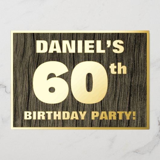 第60回バースデーパーティーはっきりした:,木目フェイク模様 箔招待状 (正面)