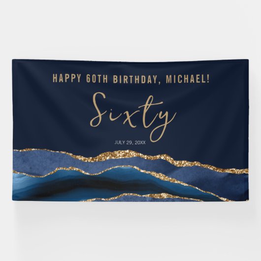 第60回バースデーパーティーエレガントネイビーブルー金ゴールドアゲート 横断幕 (横)