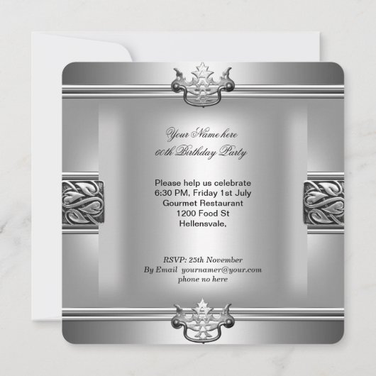 第60回バースデーパーティーエレガントメンズシルバーメタル2 招待状 (裏面)