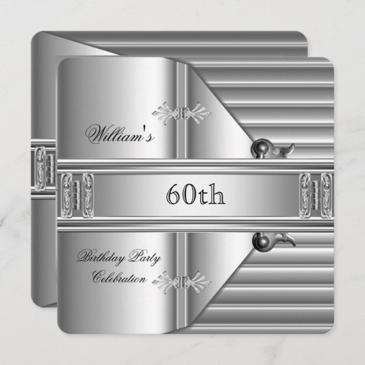 第60回バースデーパーティーエレガントメンズシルバーメタル 招待状 (正面/裏面)