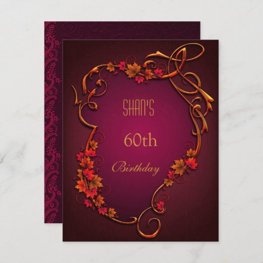 第60回バースデーパーティードレッドブラウン秋フローラ 招待状 (正面/裏面)