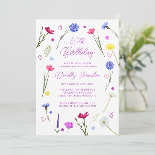 第60回バースデーパーティーパープルワイルドフラワーメドウ 招待状 (スタンド正面)