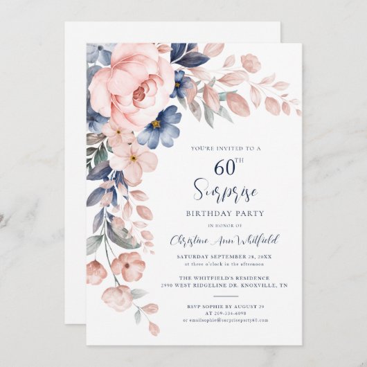 第60回バースデーパーティーピンクフローラ 招待状 (正面/裏面)