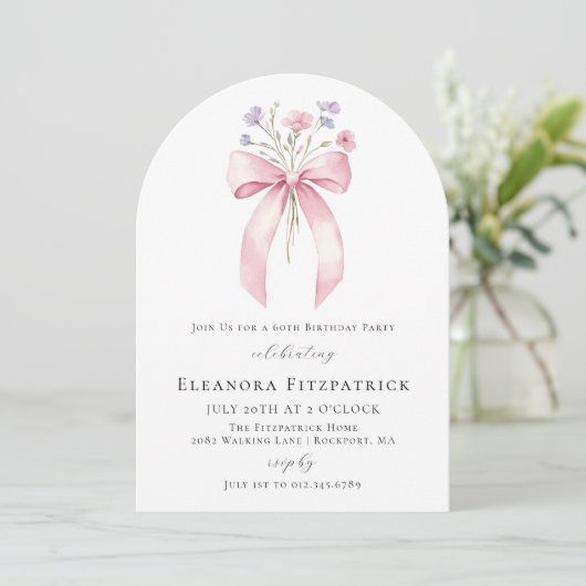 第60回バースデーパーティーピンクボウ野花アーチ 招待状 (スタンド正面)