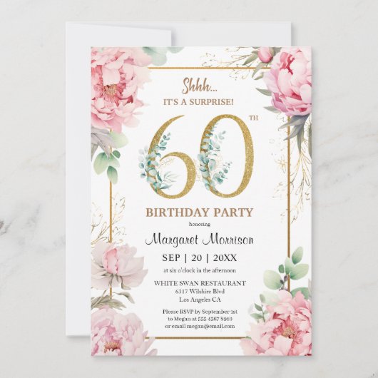 第60回バースデーパーティーピンク牡丹エレガントフローラ 招待状 (正面)