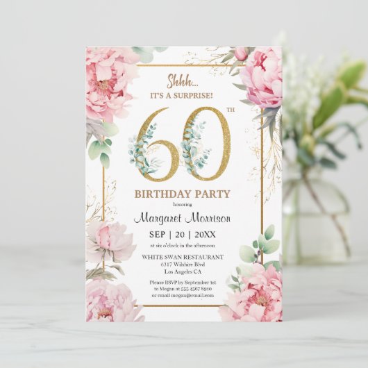 第60回バースデーパーティーピンク牡丹エレガントフローラ 招待状 (スタンド正面)