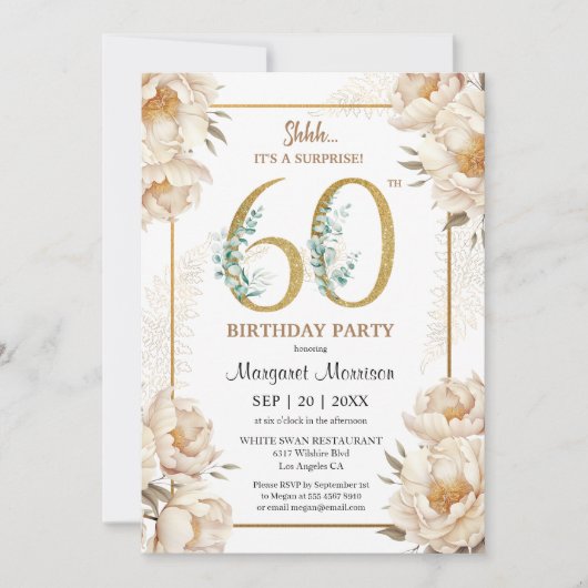 第60回バースデーパーティーホワイトエレガント牡丹フローラ 招待状 (正面)