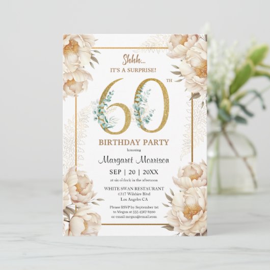 第60回バースデーパーティーホワイトエレガント牡丹フローラ 招待状 (スタンド正面)