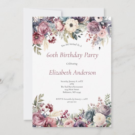 第60回バースデーパーティー招待状ピンクパープル花模様 招待状 (正面)