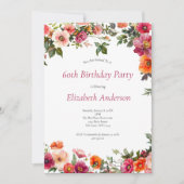 第60回バースデーパーティー招待状ピンクレッド花模様 招待状 (正面)