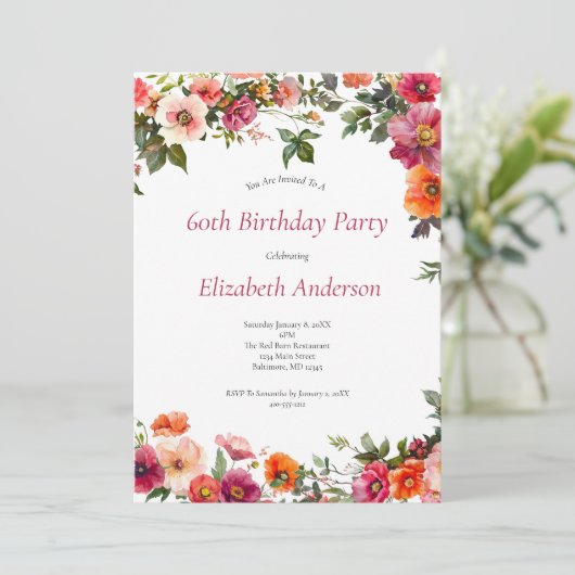 第60回バースデーパーティー招待状ピンクレッド花模様 招待状 (スタンド正面)