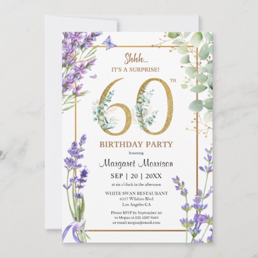 第60回バースデーパーティー水の色パープルラベンダー 招待状 (正面)