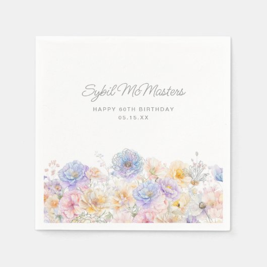 第60回バースデーパーティー水彩フローラカスタム スタンダードカクテルナプキン (正面)
