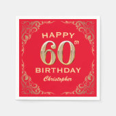 第60回バースデーパーティー赤と金ゴールドグリッター枠 スタンダードカクテルナプキン (正面)