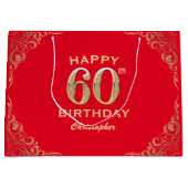 第60回バースデーパーティー赤と金ゴールドグリッター枠 ラージペーパーバッグ (正面)
