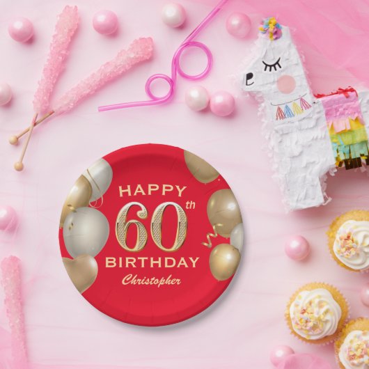 第60回バースデーパーティー赤と金ゴールドバルーン ペーパープレート (パーティー)