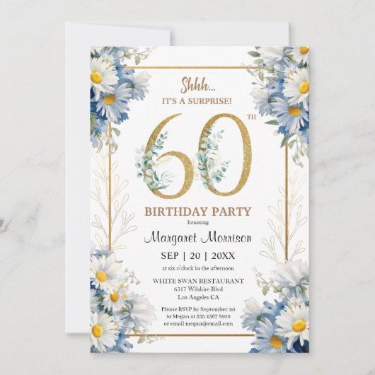 第60回バースデーパーティー金ゴールドエレガントデイジーフローラ 招待状 (正面)