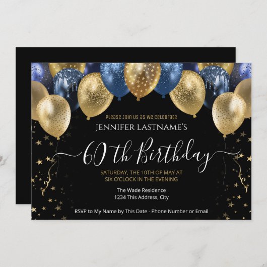 第60回バースデーパーティー青と金ゴールド招待状 招待状 (正面/裏面)