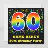 第60回バースデーパーティー:おもしろいミュージックシンボルRainbow 60 招待状 (正面)