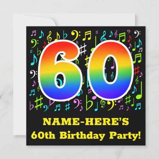 第60回バースデーパーティー:おもしろいミュージックシンボルRainbow 60 招待状 (正面)