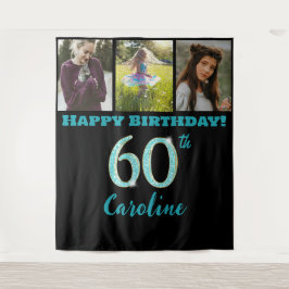 第60回バースデーパーティー、ティール（緑がかった色）ブルーグリッター&3枚 タペストリー