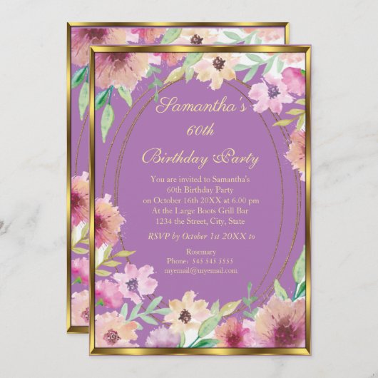 第60回パープルフローラ金ゴールド誕生日パーティーへの招待 招待状 (正面/裏面)