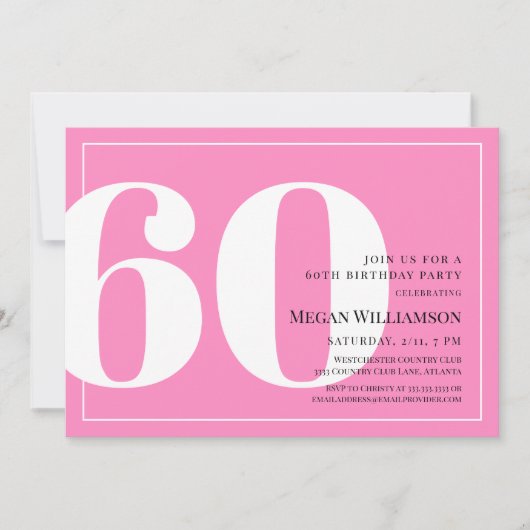 第60回ピンクモダンと白のスクリプト誕生日 招待状 (正面)