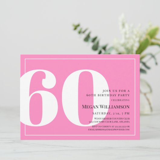 第60回ピンクモダンと白のスクリプト誕生日 招待状 (スタンド正面)