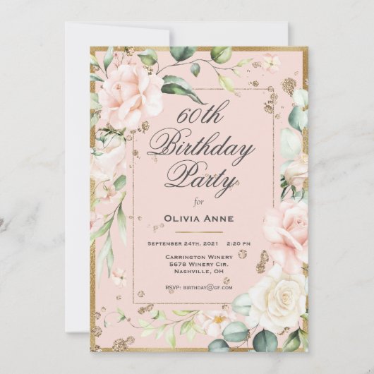 第60回第六百六十号60誕生日ピンクフローラ 招待状 (正面)